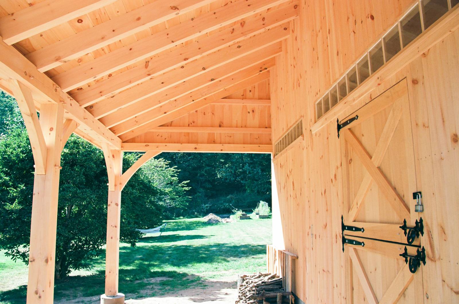 Under the Timber Frame Lean-To Overhang