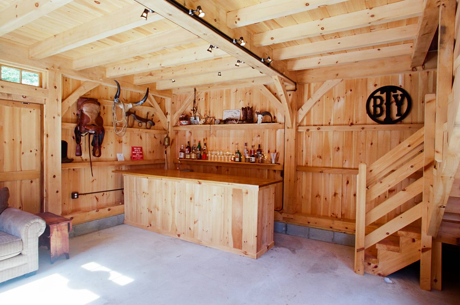 Inside the post & beam barn turned saloon