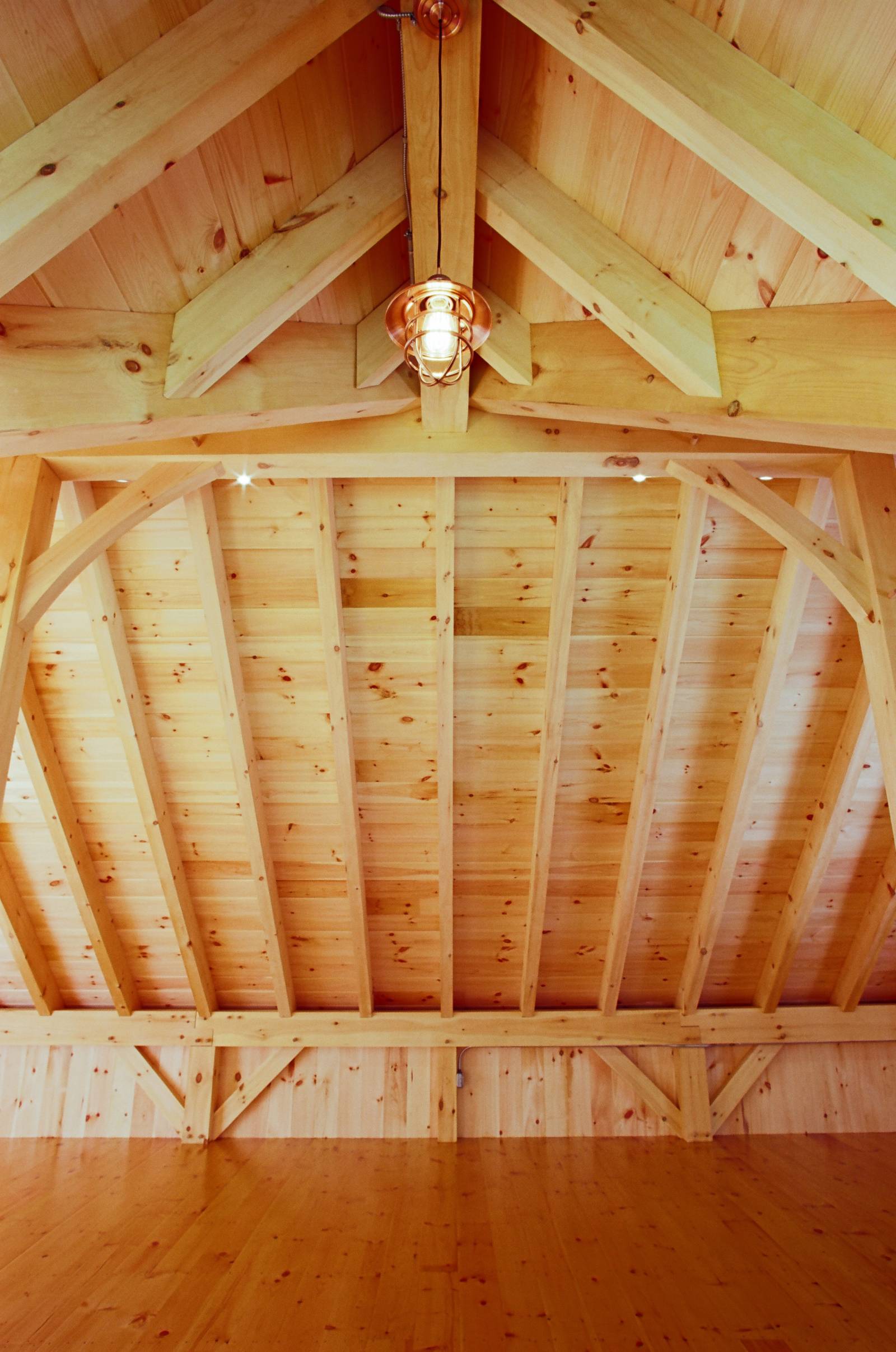 Inside reverse gable dormer showing authentic post & beam timber framing