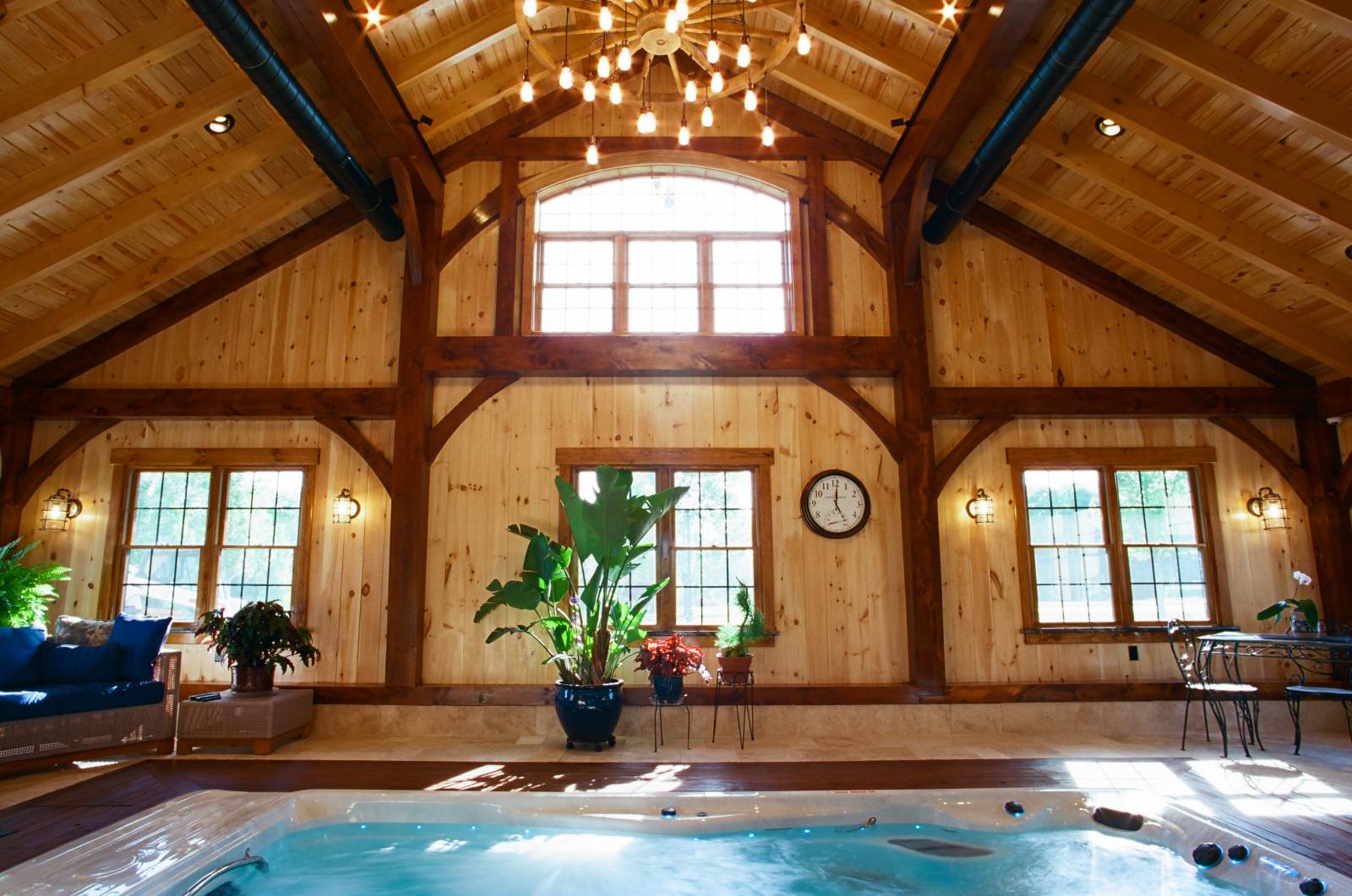 Classic Timber Frame Structure • Many Windows for Lots of Light • Timber Frame Indoor Pool with Exposed Beams