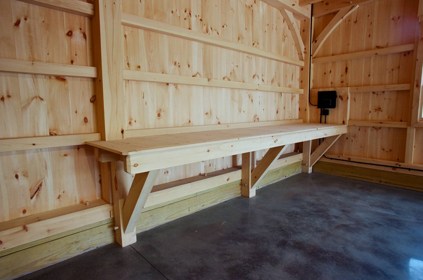 14' timber frame workbench with 1x8 pine decking