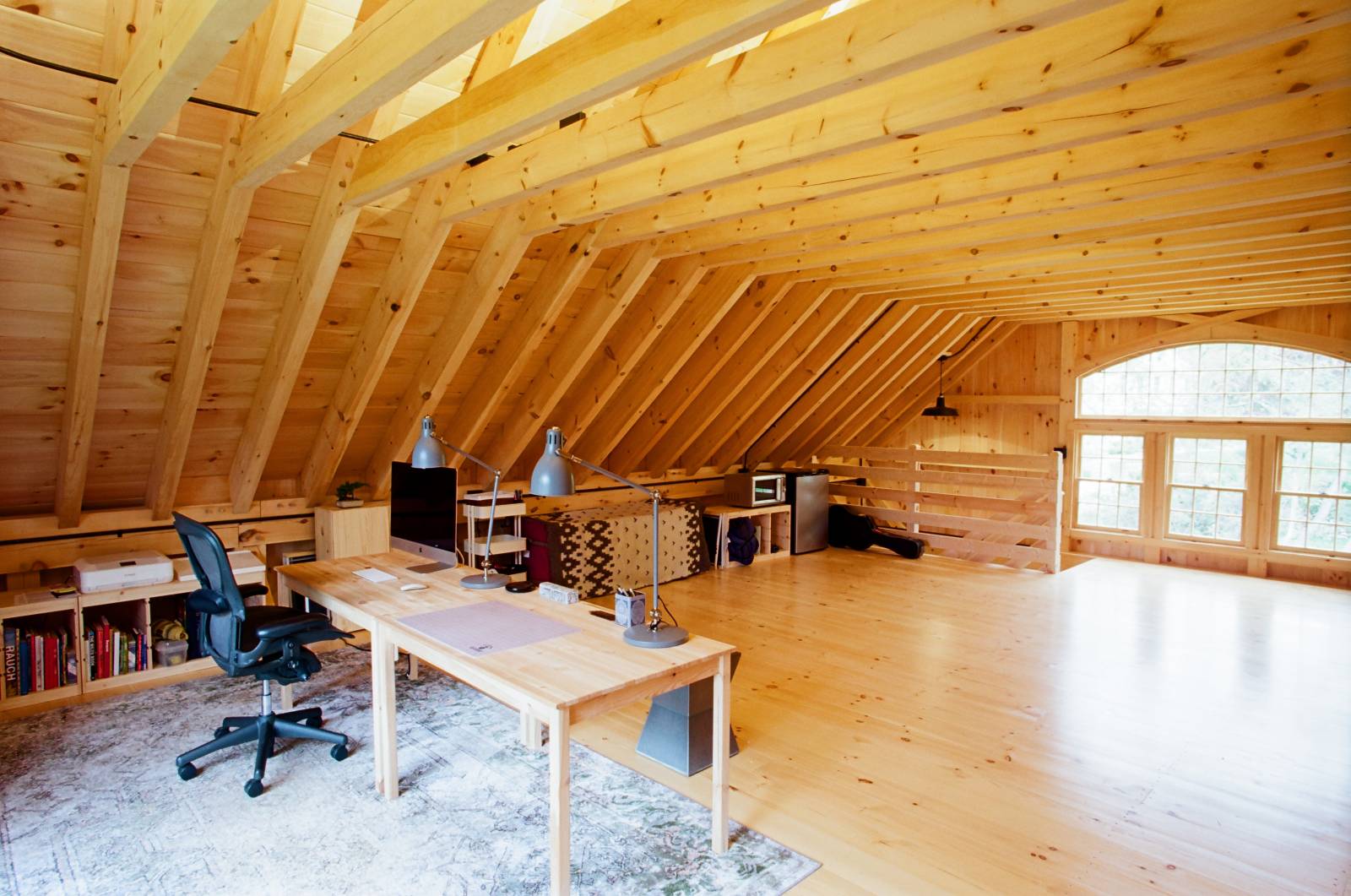 Inside the post & beam barn upstairs is this 26' x 32' office/studio space