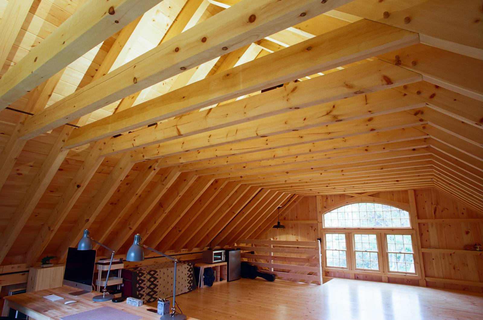 Real timber frame roof rafters with authentic joinery