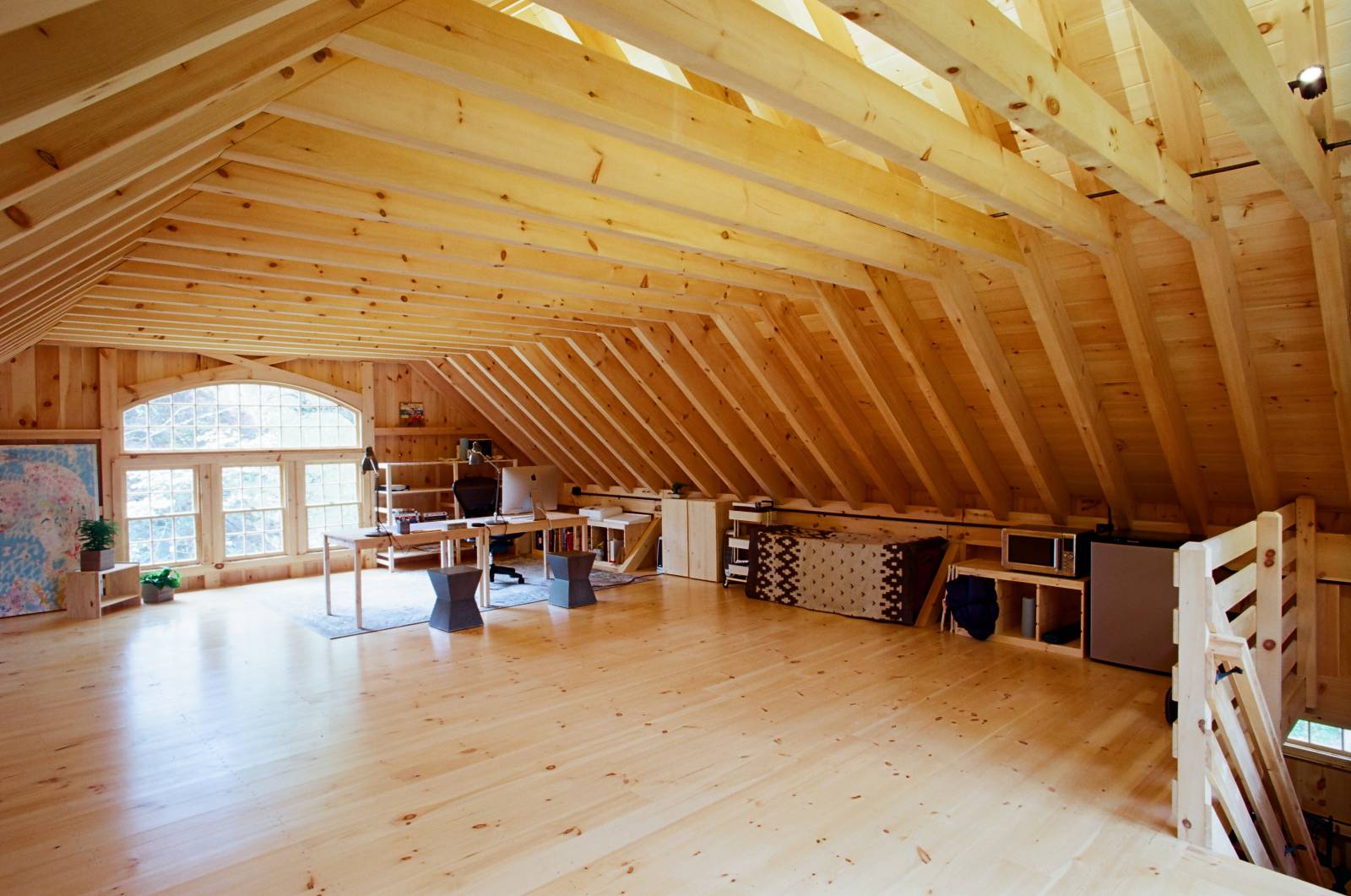 Inside the post & beam barn upstairs design studio