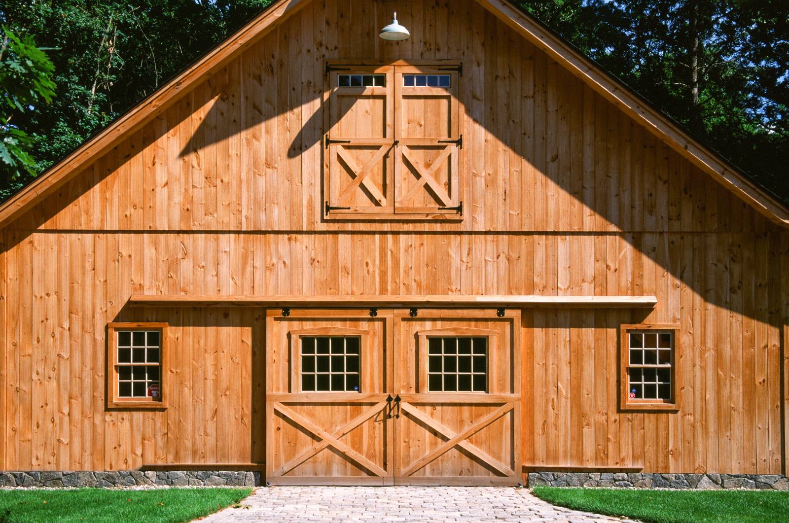 Sliding barn doors with glass • pine windows • hayloft doors