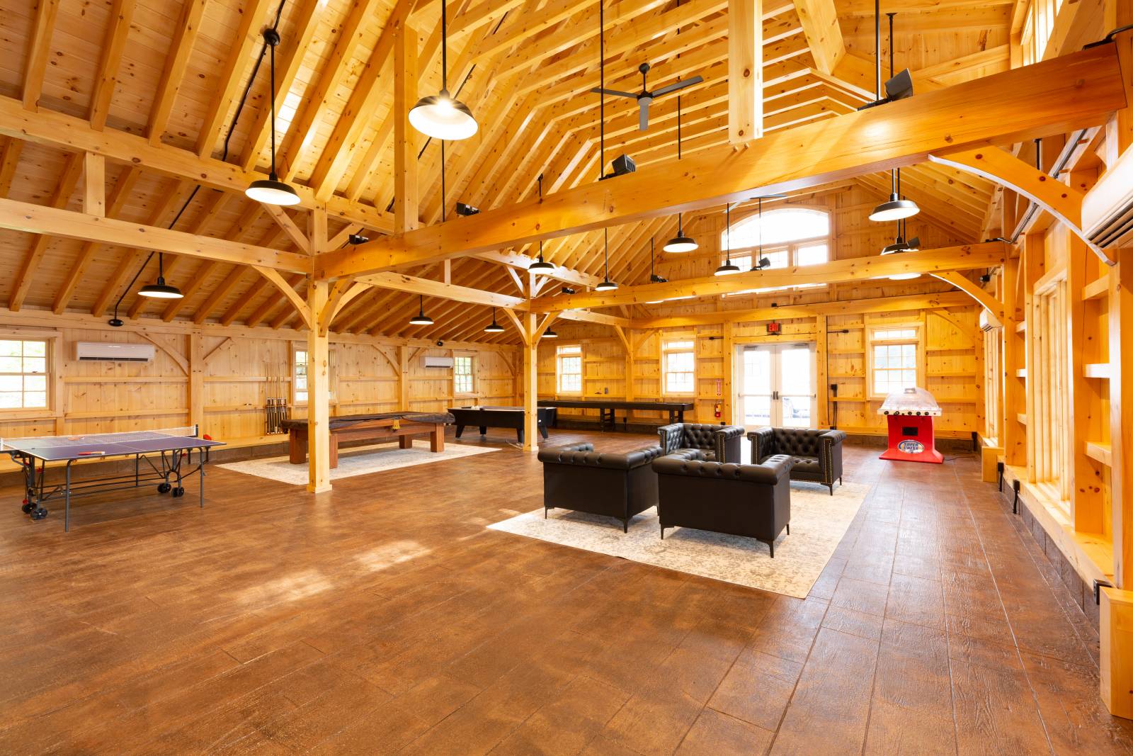 Spacious and Bright Recreation Hall Interior • Timber Framing