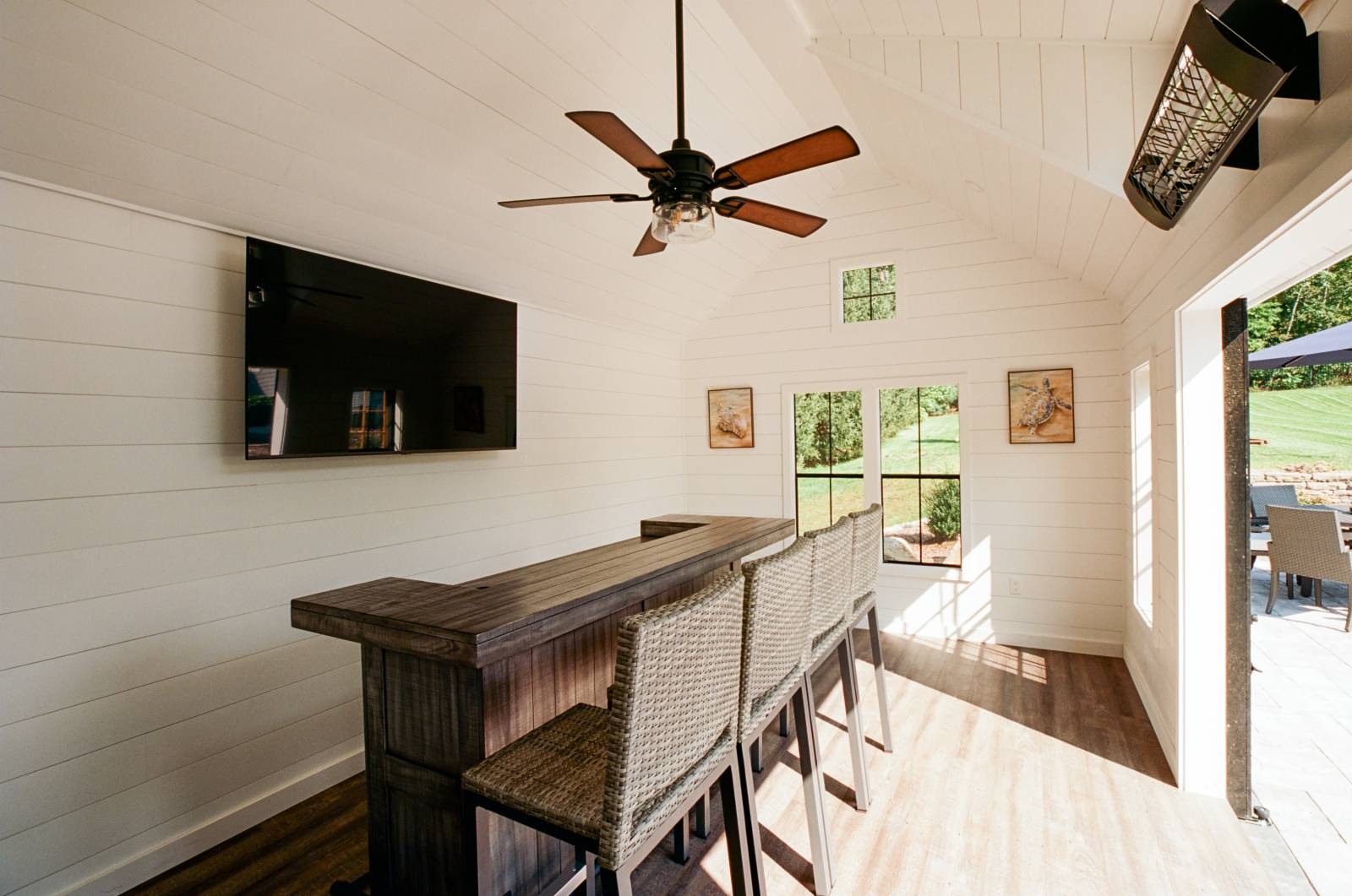 Bar and TV • Ceiling Fan and Heater • Poolhouse Shed