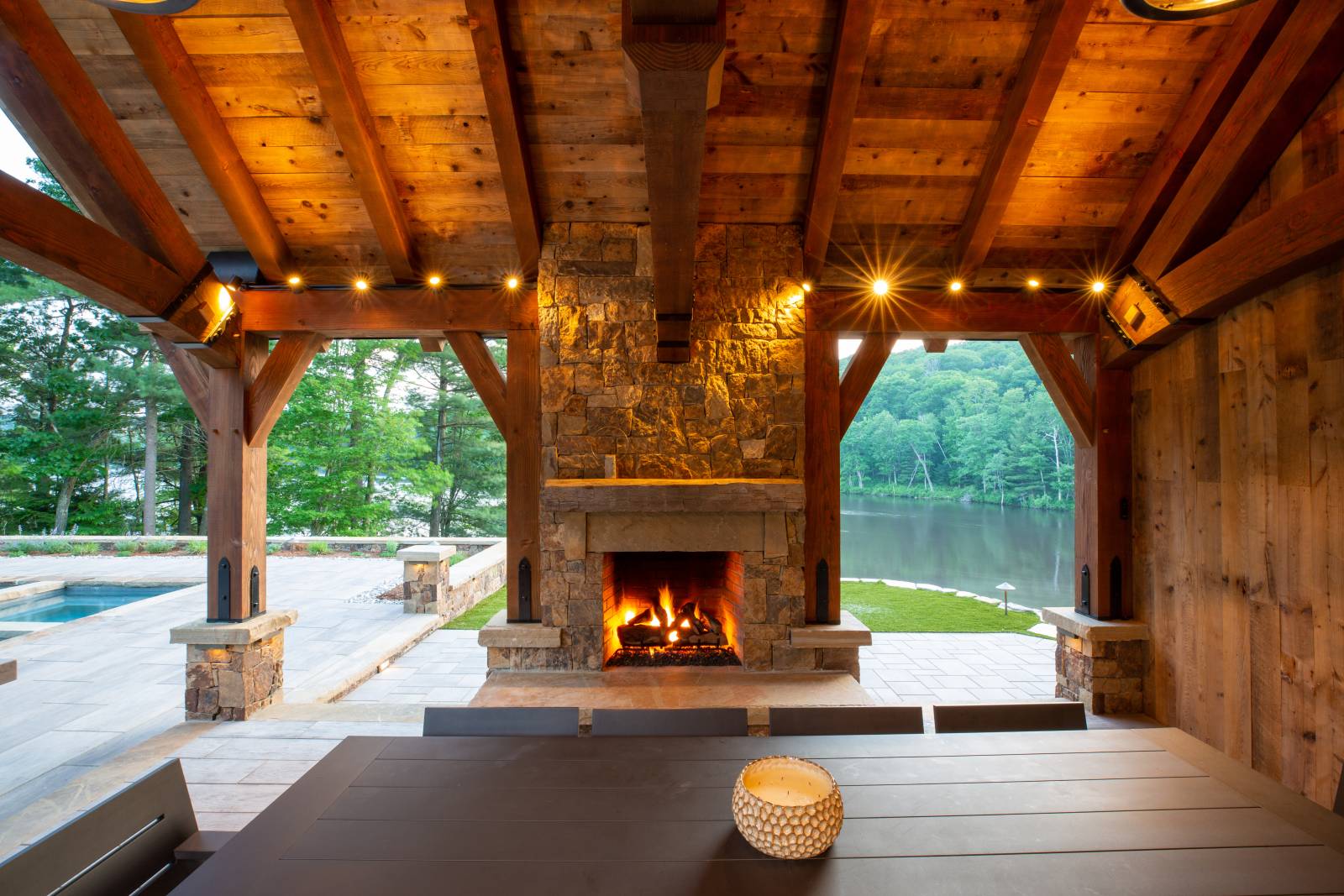 Fireplace Inside Custom Pavilion • Outdoor Living • Poolside Pavilion