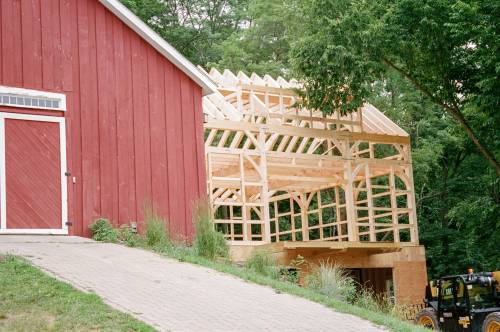 The timber frame for this barn addition