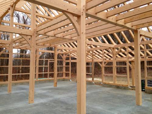 Inside completed timber frame (11' ceiling height!)