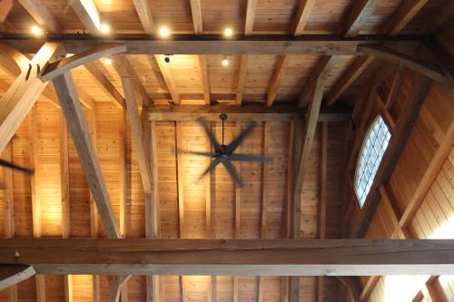 Looking up at the timber frame ceiling