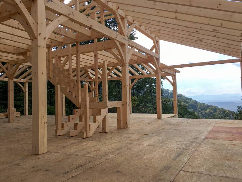Inside the timber frame enclosed lean-to overhang