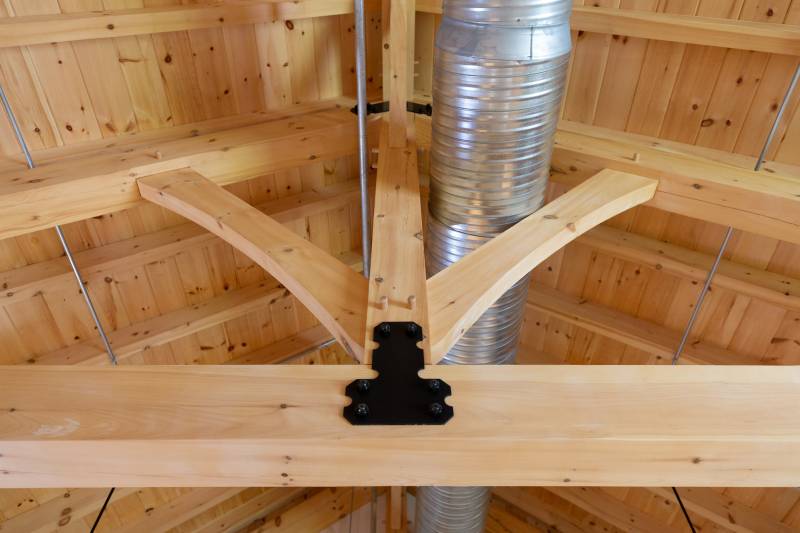 Black Powder Coated Steel Reinforcing Plates • Tongue & Groove Pine V-Groove Roof Decking