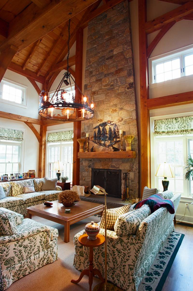 Timber Frame Living Room with Cathedral Ceilings
