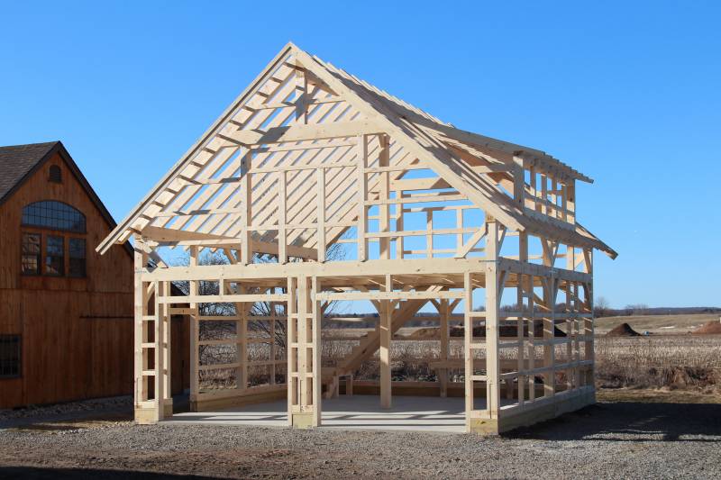 Completed timber frame: 26' x 28' Carriage Barn