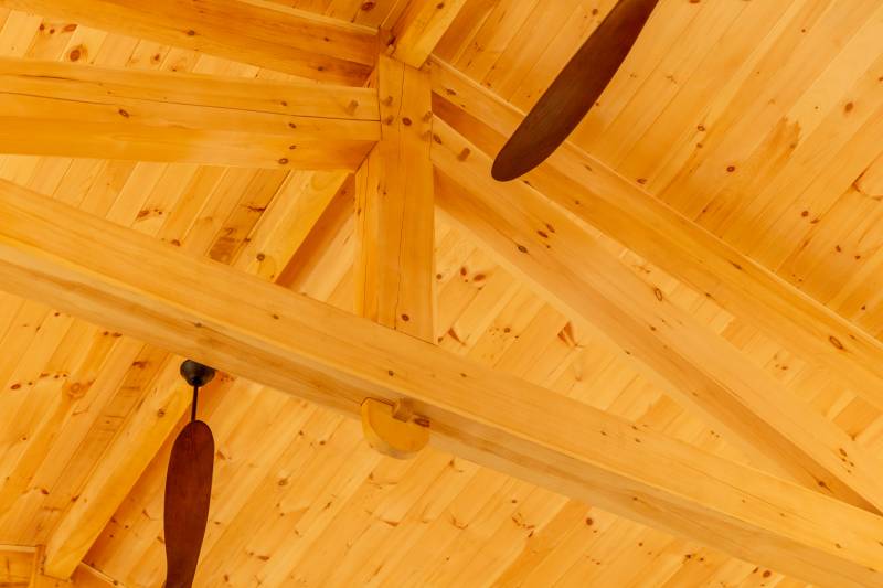 Timber truss detail: king post with wedged anchorbeam tenon joinery