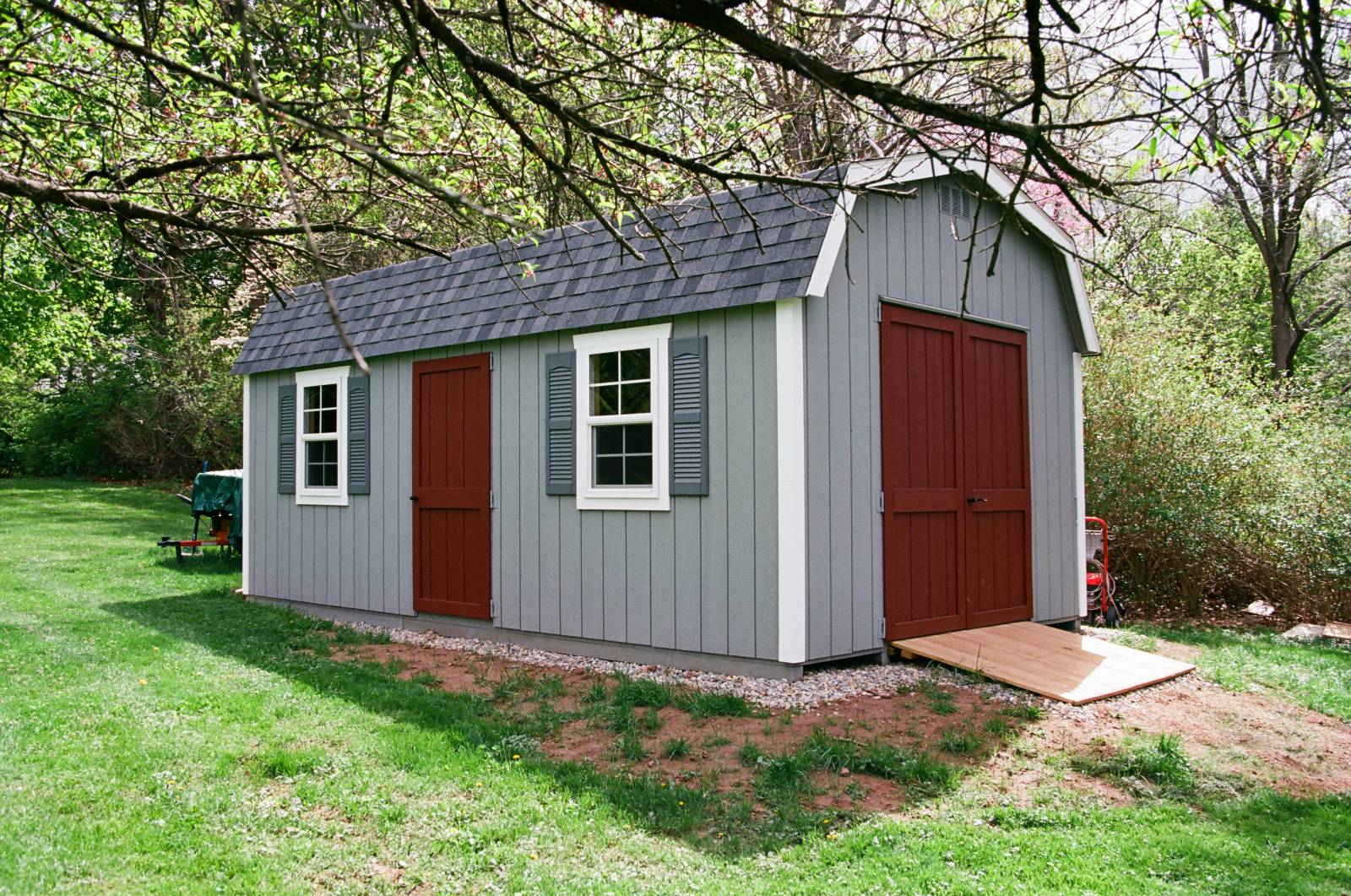 12' x 20' Classic Dutch Storage Shed (Ellington CT) • Gambrel Roof • Ronks Gray Duratemp T1-11 Siding • Barn Red Doors