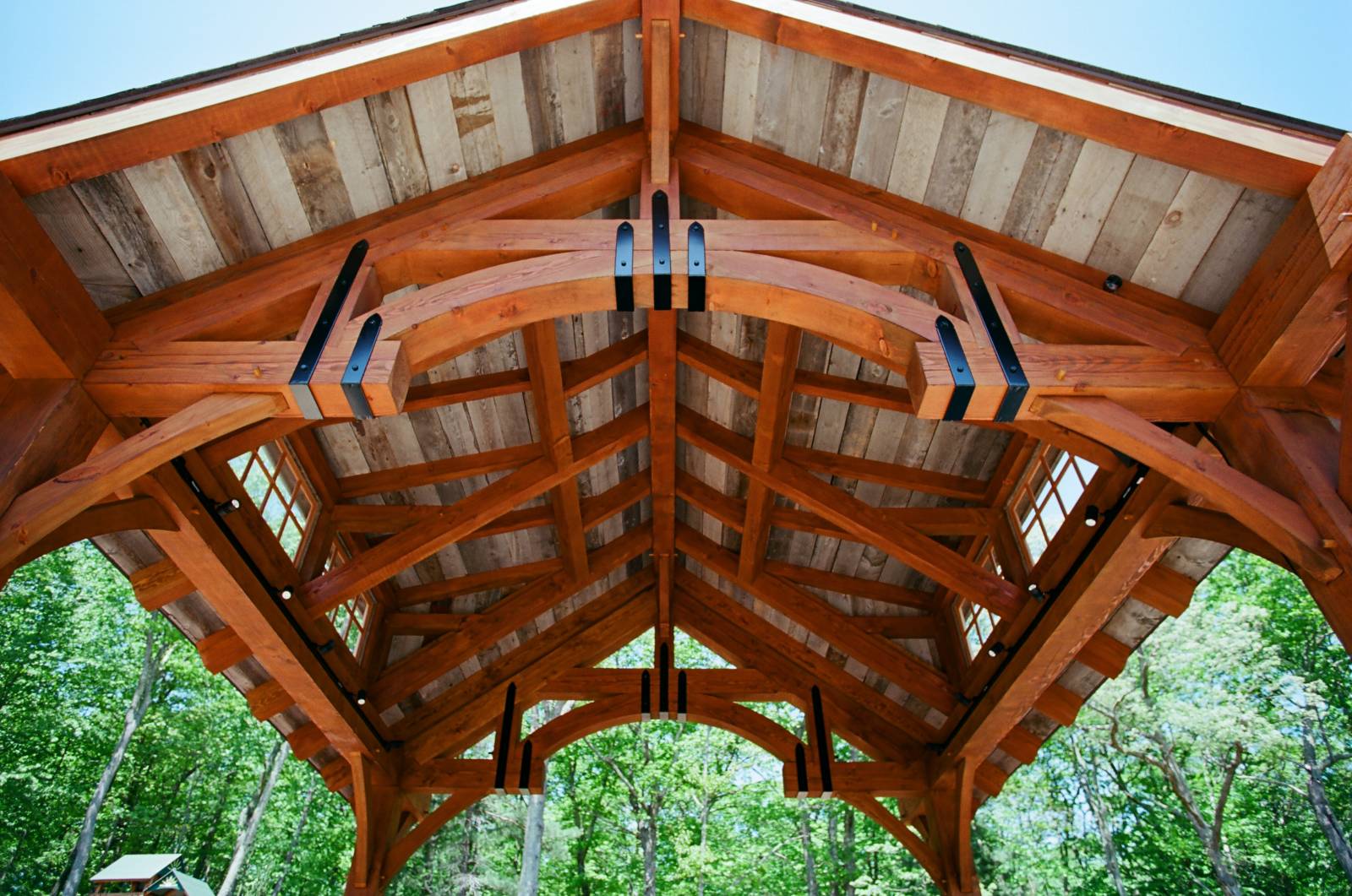 Alpine Timber Frame Pavilion Structure • Reclaimed Barn Board Roof Decking