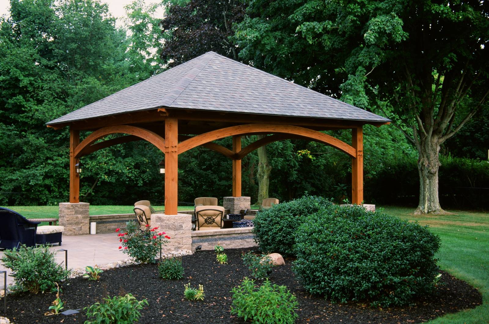 Outdoor pavilion with hip roof (7/12 roof pitch)