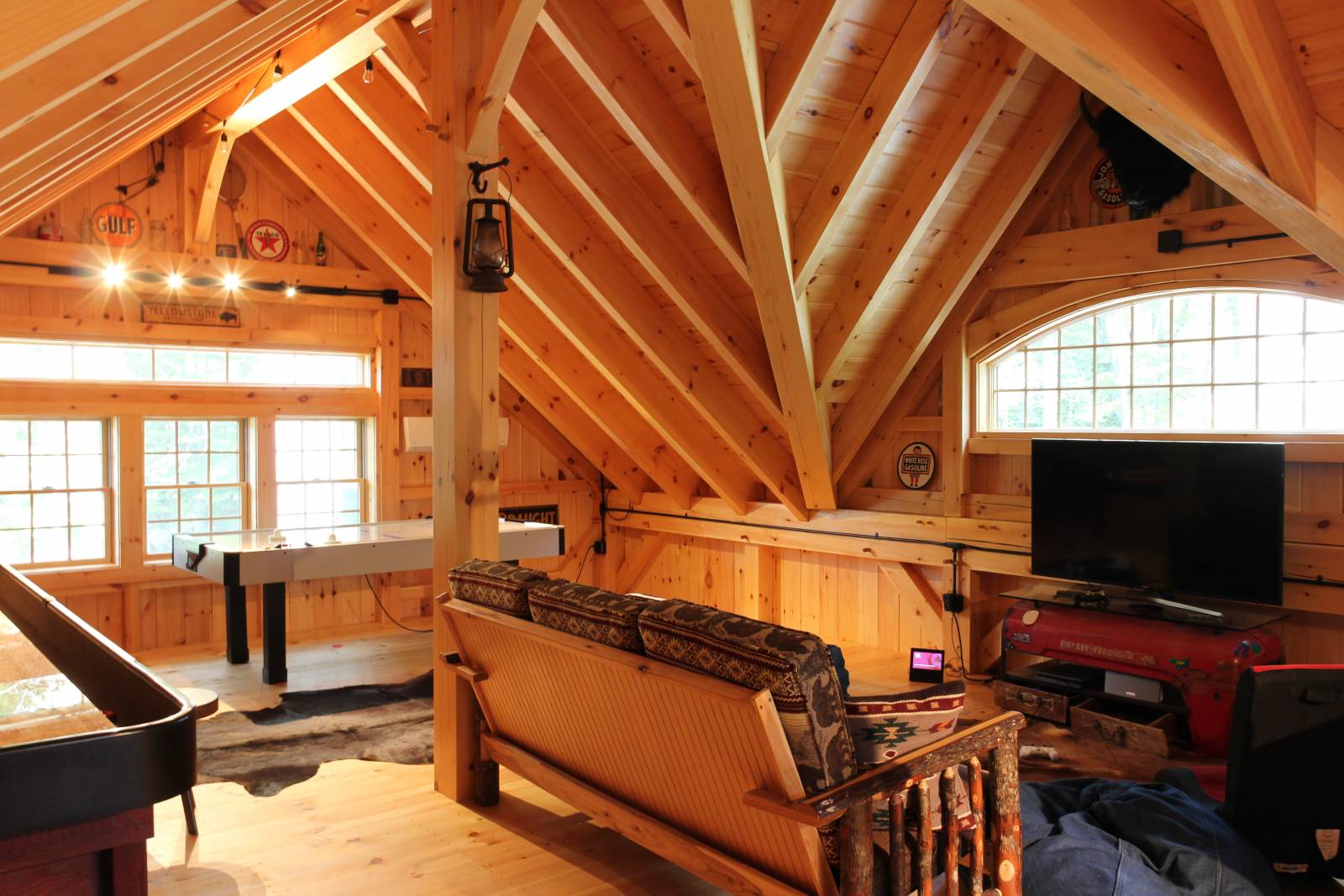 Upstairs: Post and Beam Game Room • Exposed Timbers • Gable Dormer • Andersen Windows