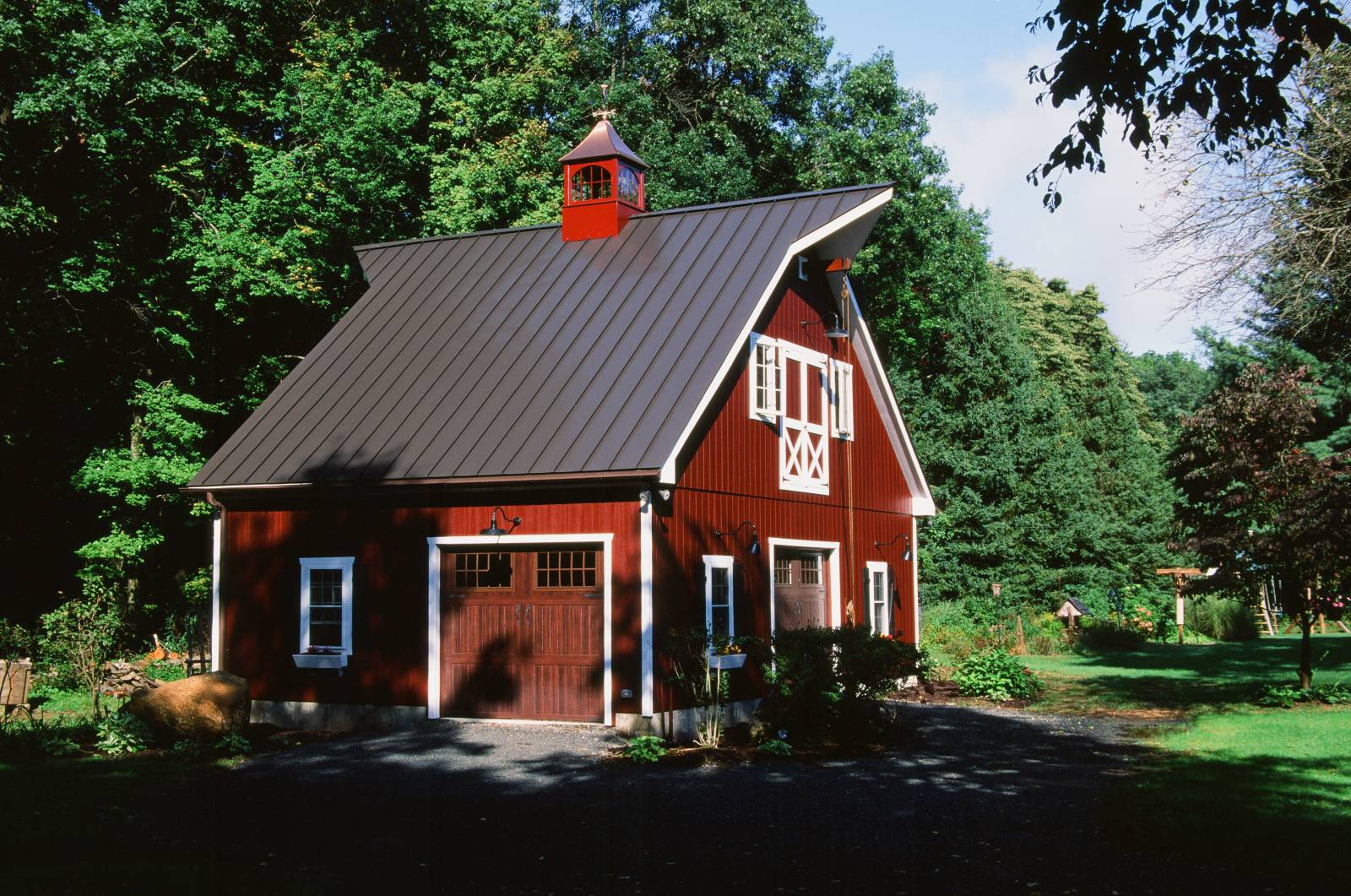 Barn Garage with (2) Cow Catcher Gable Peaks • Standing Seam Metal Roof • Mahogany Carriage Style Overhead Doors