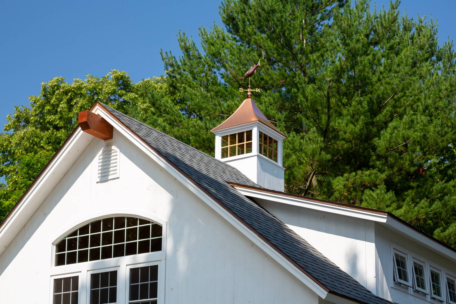 Barn Details: Cantilever Ridge Beam • Bow-Top Window • Transom Dormer • Copper Top Cupola with Weathervane