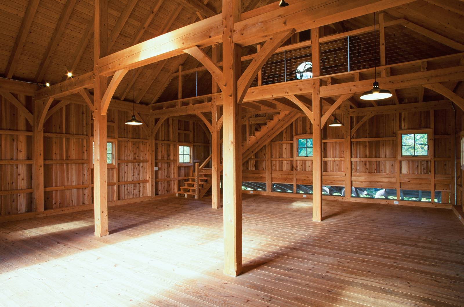 Post & Beam Barn Interior • Cedar Siding • Hemlock Timber Frame • Chamfer on All Posts