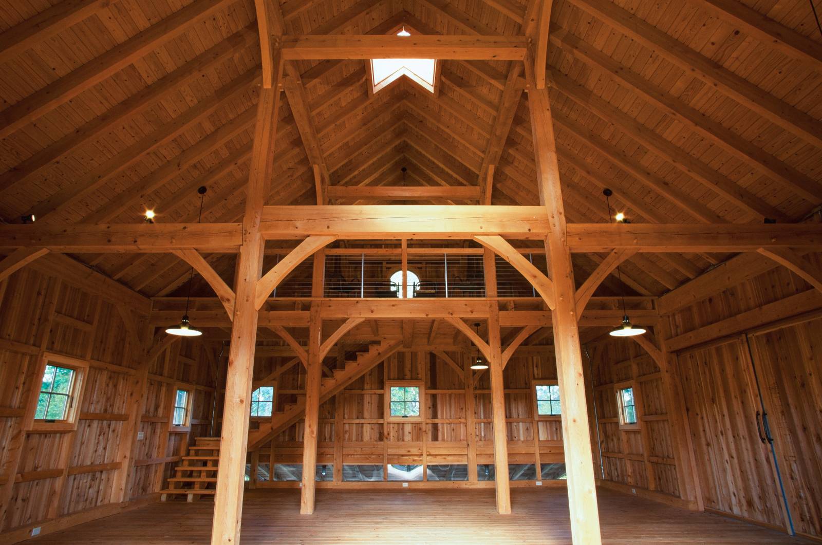 Barn Interior • Floor-to-Ceiling Posts • Center Aisle Design • Traditional Wood Joinery with Oak Pegs