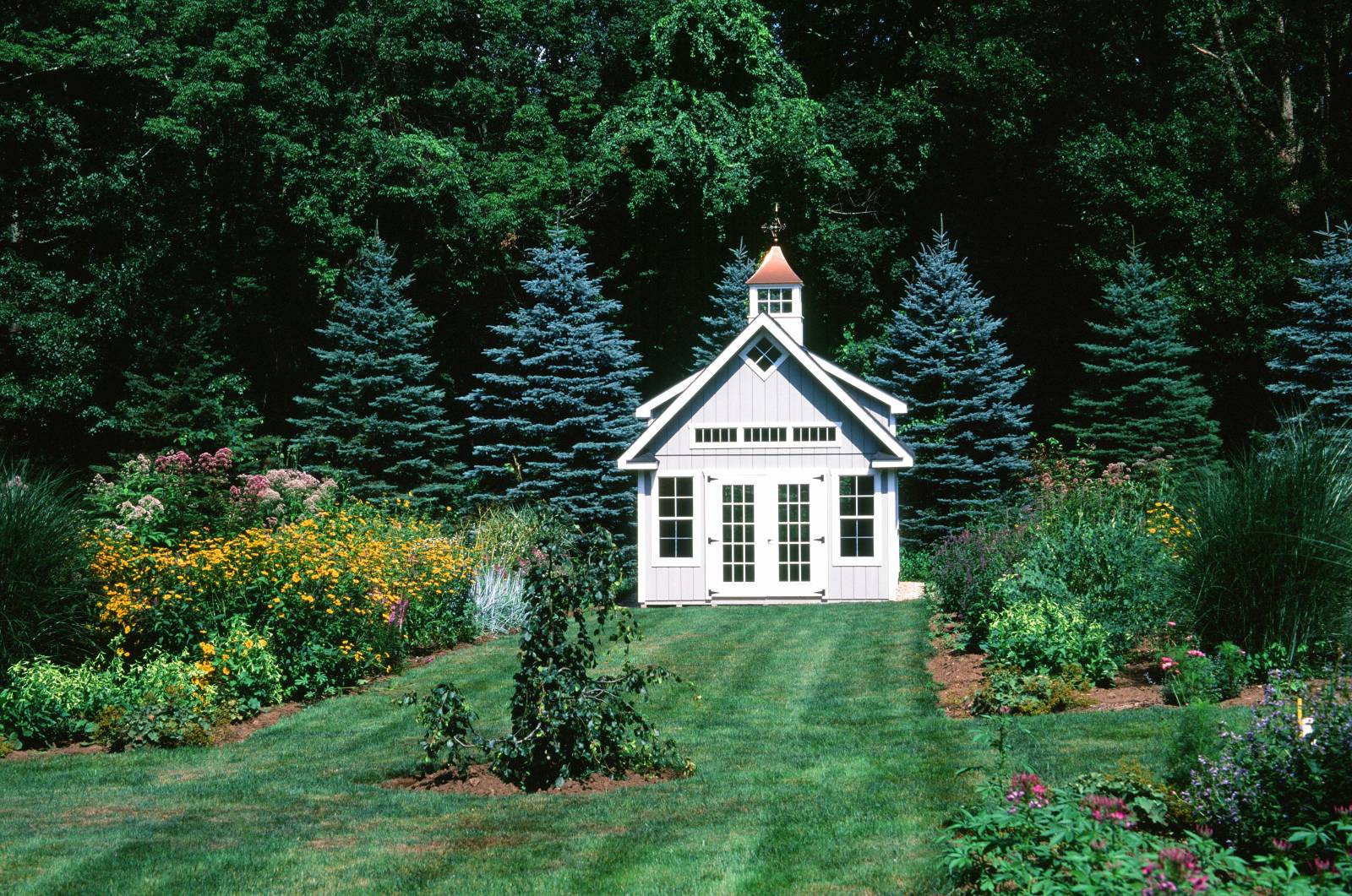 English Garden Shed with Double Transom Dormers