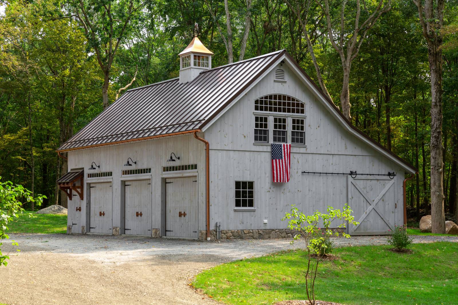 Three Car Barn Garage with Standing Seam Metal Roofing & Copper Gutters