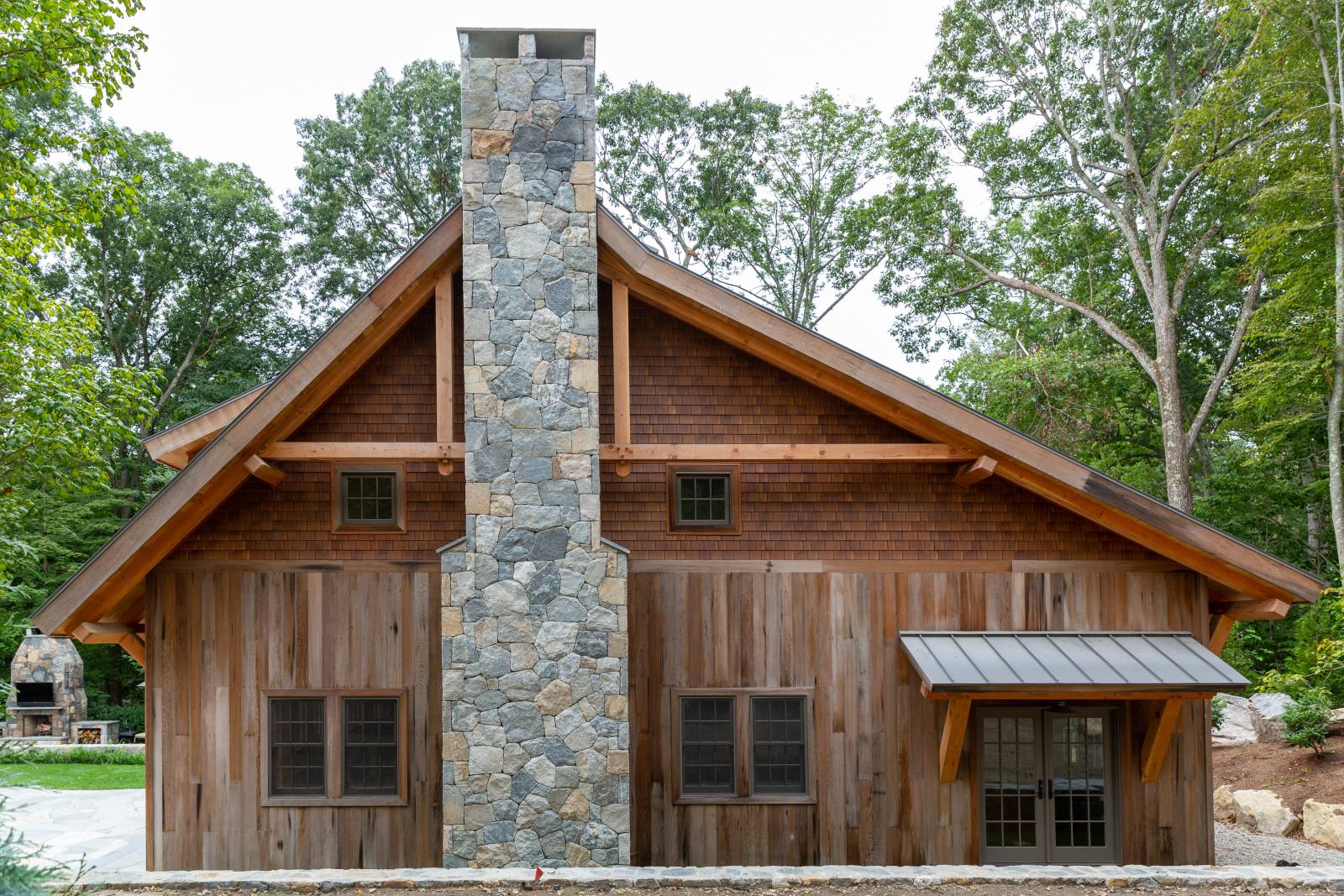 Gable View • Stone Chimney • Reclaimed Barn Board Siding • Cedar Shakes • Timber Frame Accents