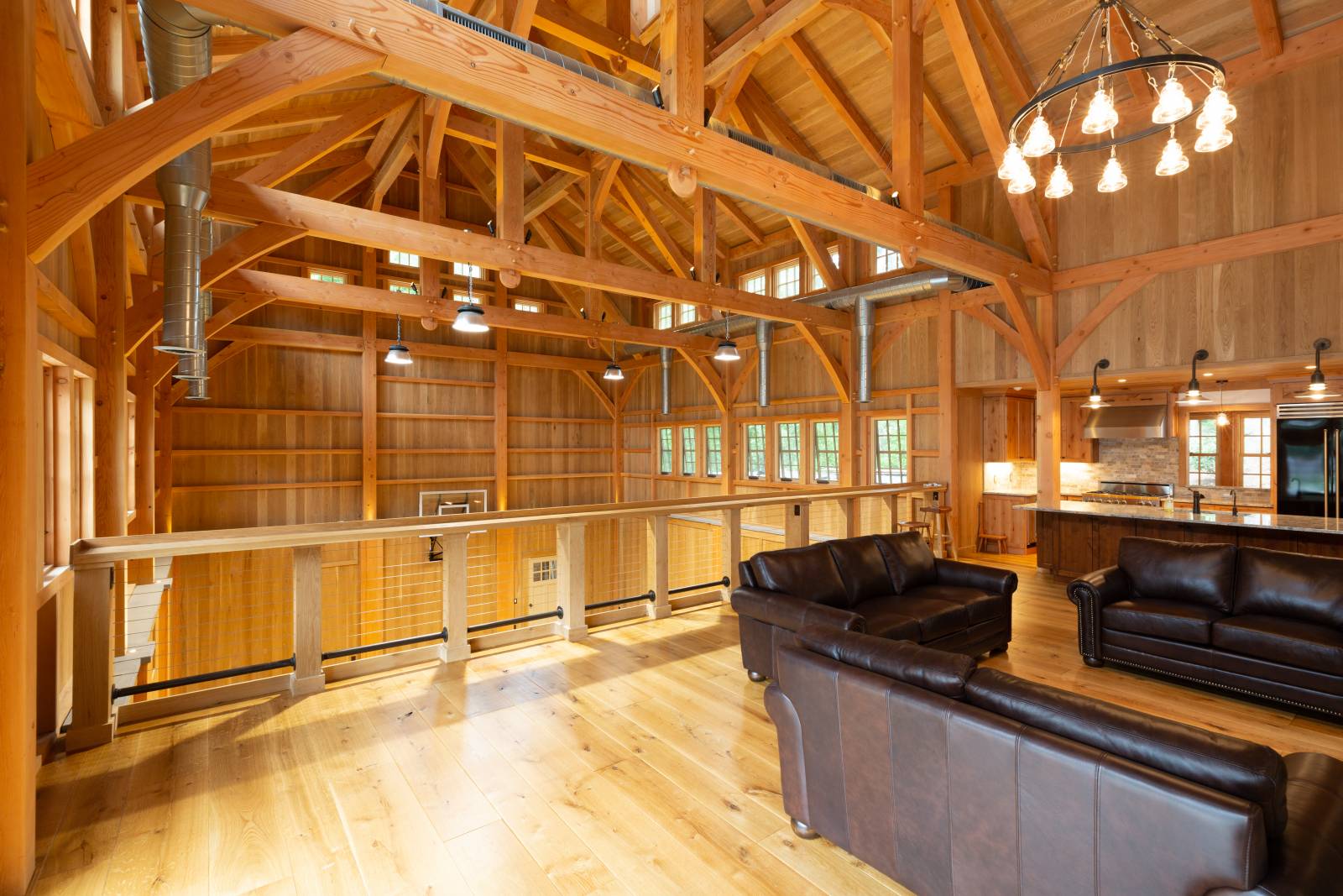 Upstairs Overlooking Basketball Court in the Custom Timber Frame Barn