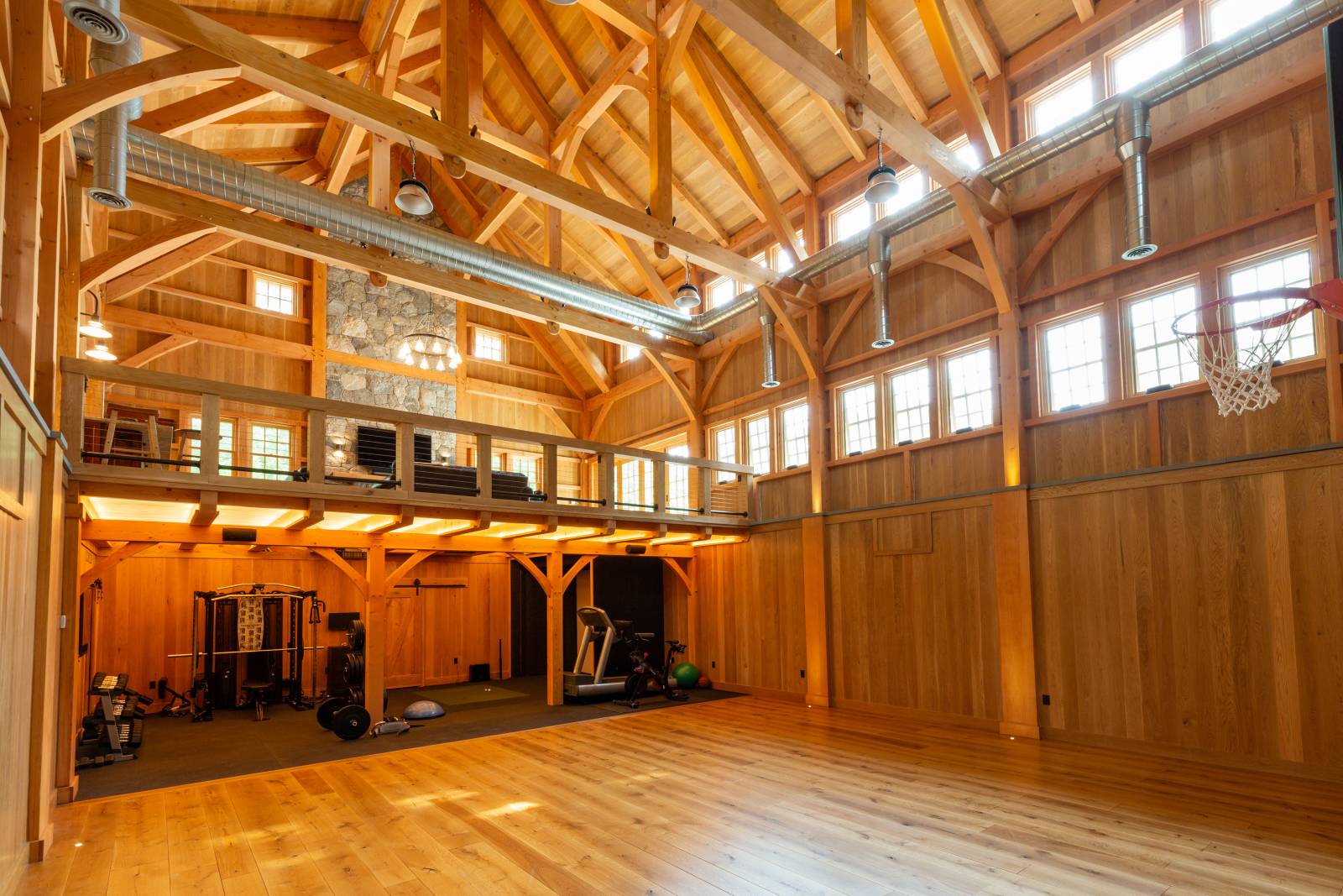 Stunning Interior of this 32' x 50' Custom Timber Frame Barn with Indoor Basketball Court