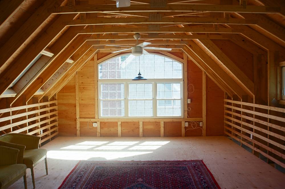 Upstairs: insulated windows with bow-top window