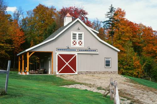 Profile of the Post & Beam Barn with 10' Enclosed Lean-To and 12' Open Lean-To • Sliding Barn Door