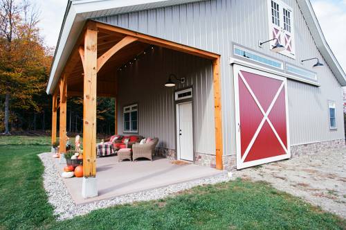 12' Timber Frame Open Lean-To • Corrugated Metal Siding • Sliding Barn Door
