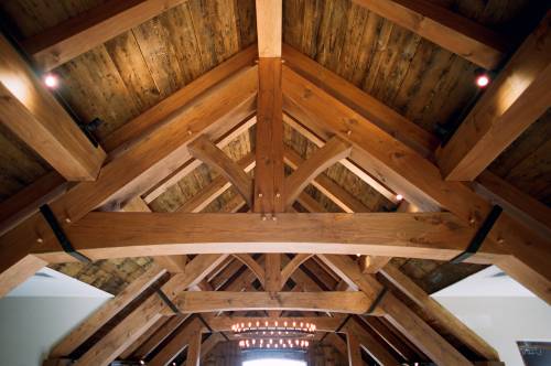In the balcony: timber trusses & barn board