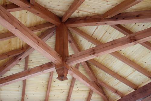 Looking up in timber frame pavilion