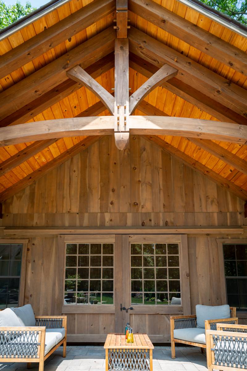 Detail: Authentic Timber Framing (notice the oak pegs) • Pine T&G Ceiling • Covered Seating Area