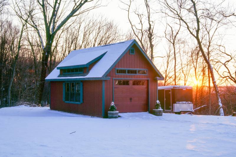 Snowy 14' x 28' Grand Victorian Cape Garage at Sunset (Vernon CT)