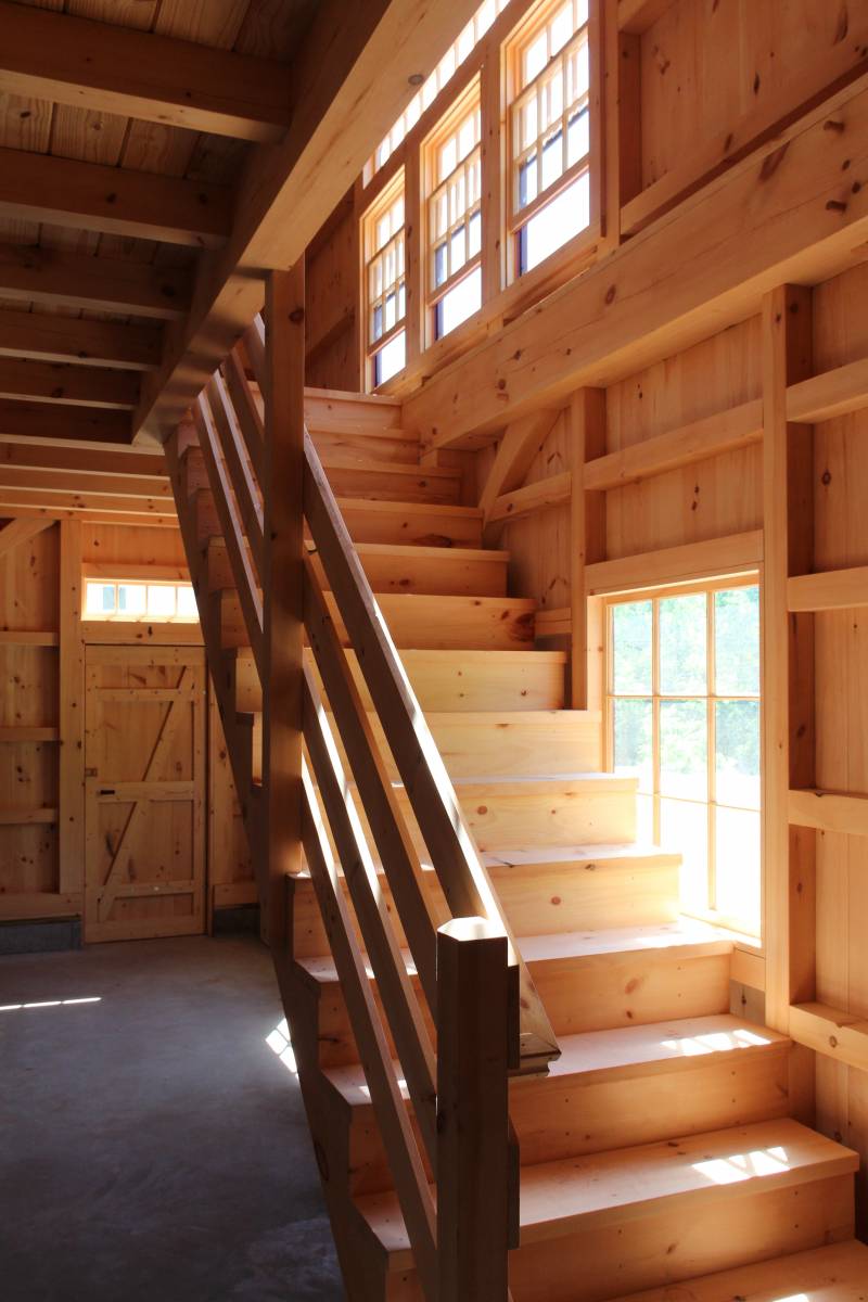 Heavy timber pine stairway to second floor