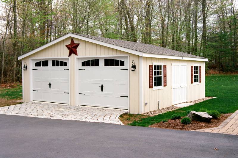 24' x 24' Classic Double Bay Garage (Tolland CT) • Navajo Duratemp Siding • White MiraTEC Trim • 30x36 6/6 Windows with Barn Red Louvered Shutters