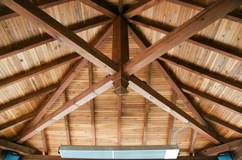 Looking up: 10x10 boss pin • 4x6 rafters • tongue & groove ceiling