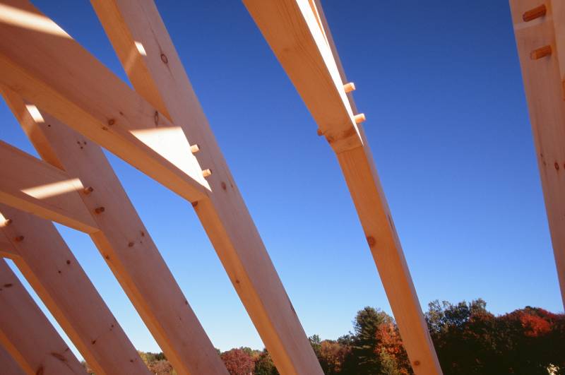 Authentic timber frame joinery on the heavy timber rafters