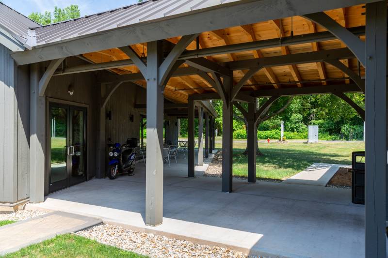 Timber Frame Covered Walkway and Timber Frame Open Lean-To