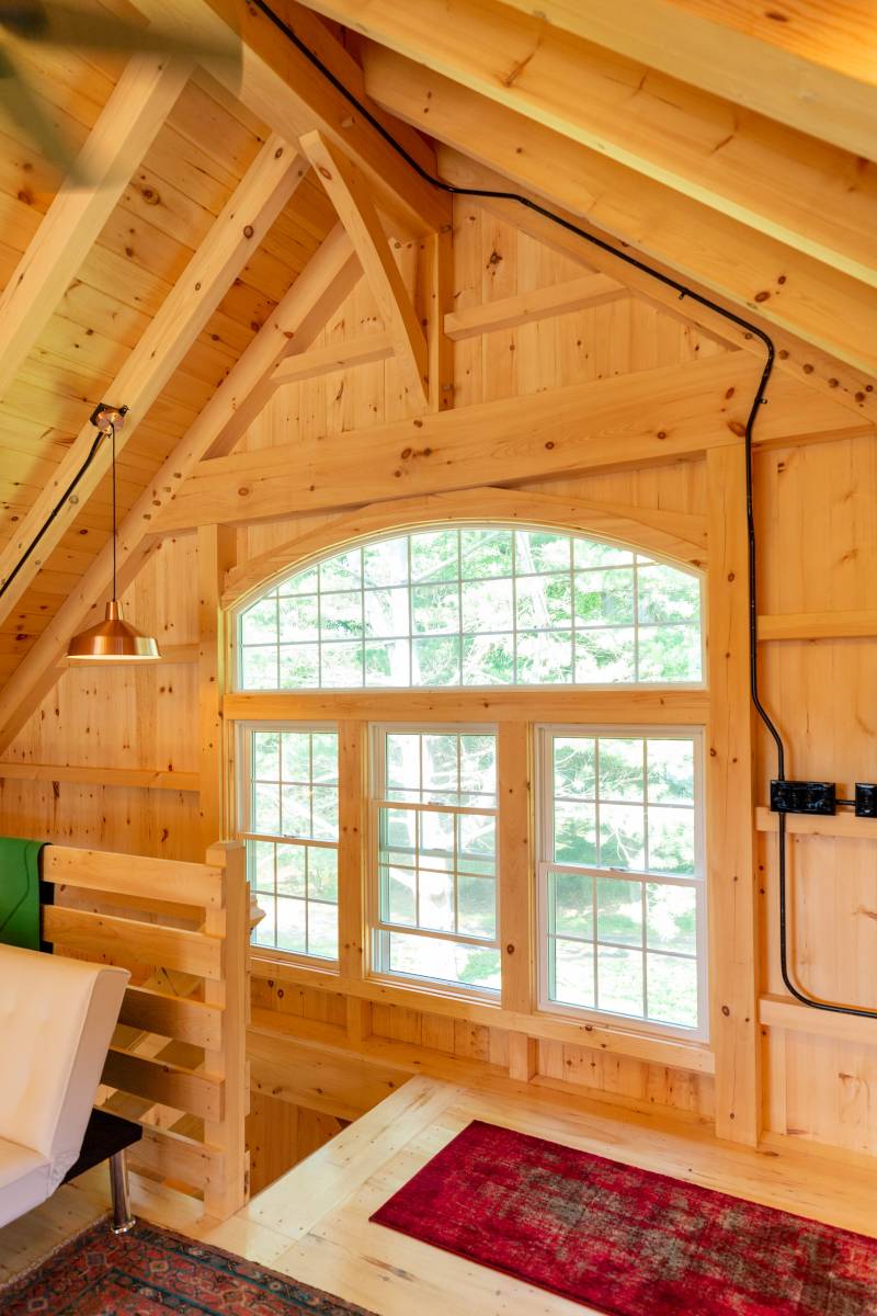 Interior of Bow-Top Window with (3) Double Hung Windows • Authentic Timber Framing