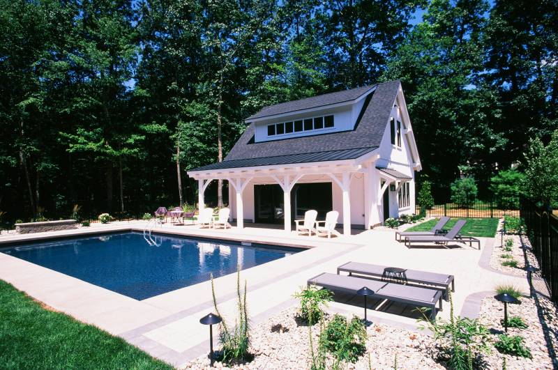 Wide Shot of the Modern Farmhouse Pool House and Pool