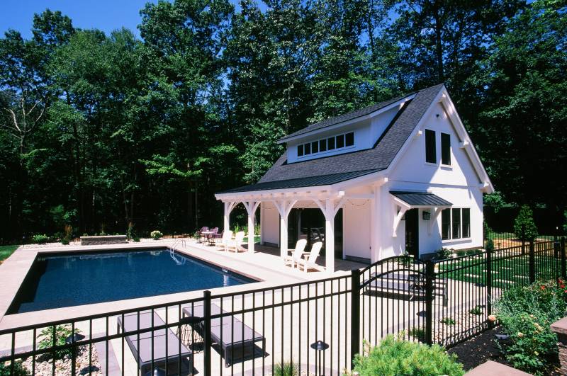 Modern Farmhouse Pool House with Timber Frame Accents & Corbels on Gable Ends
