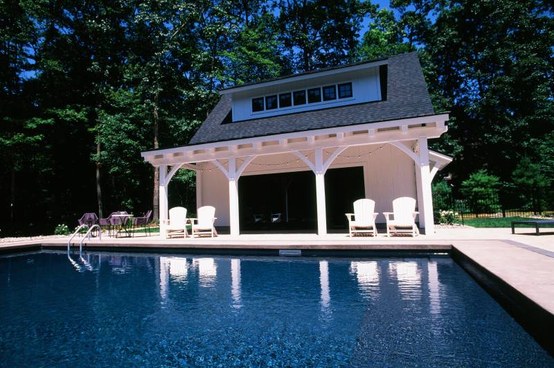 View of the Modern Farmhouse Pool House from the Pool