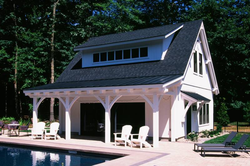 26' x 28' Modern Farmhouse Pool House featuring 20' Transom Dormer with 7 Andersen Awning Windows